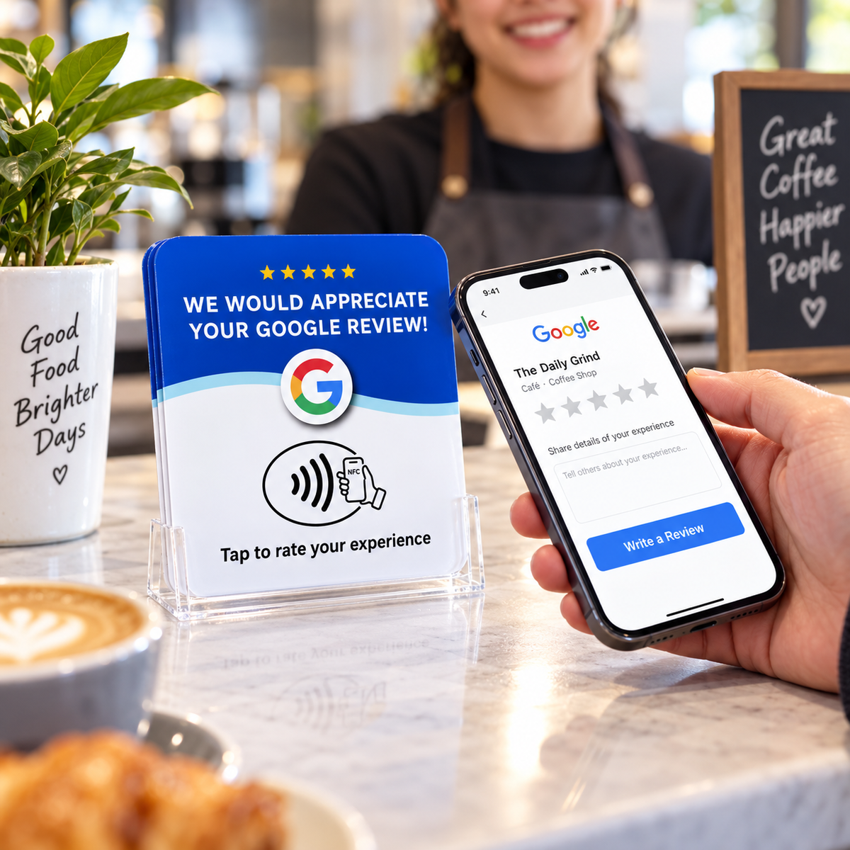 Customer using Revify NFC Google review card in a cafe